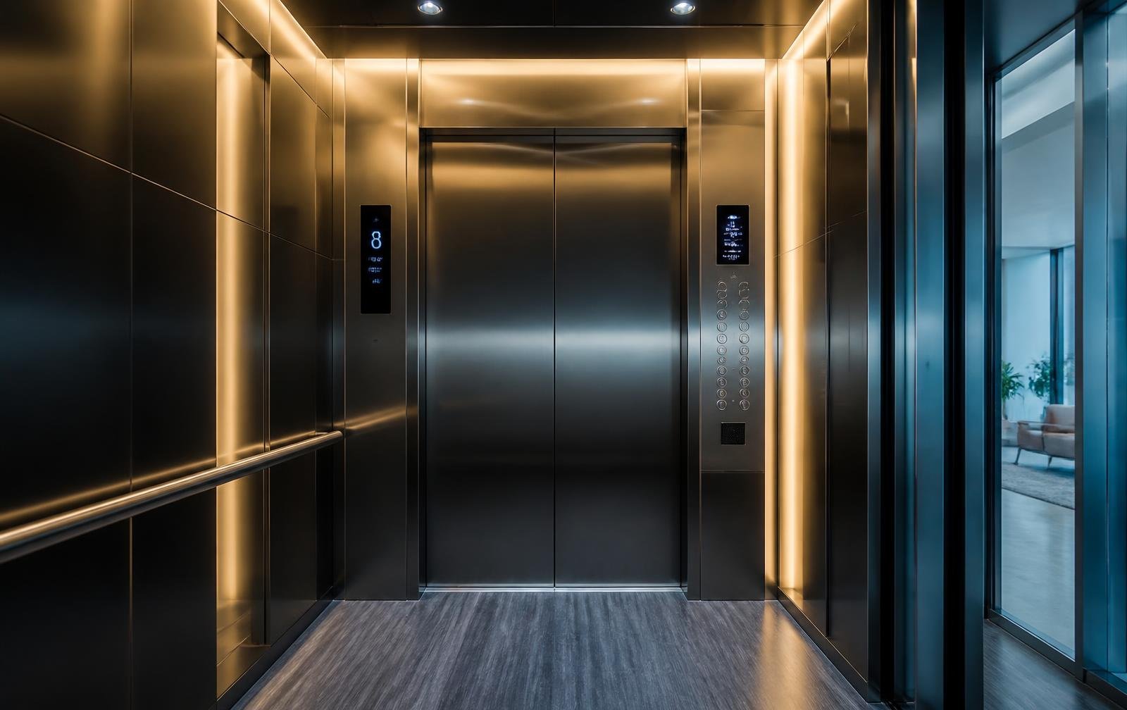 Interno di un ascensore moderno in acciaio con illuminazione calda