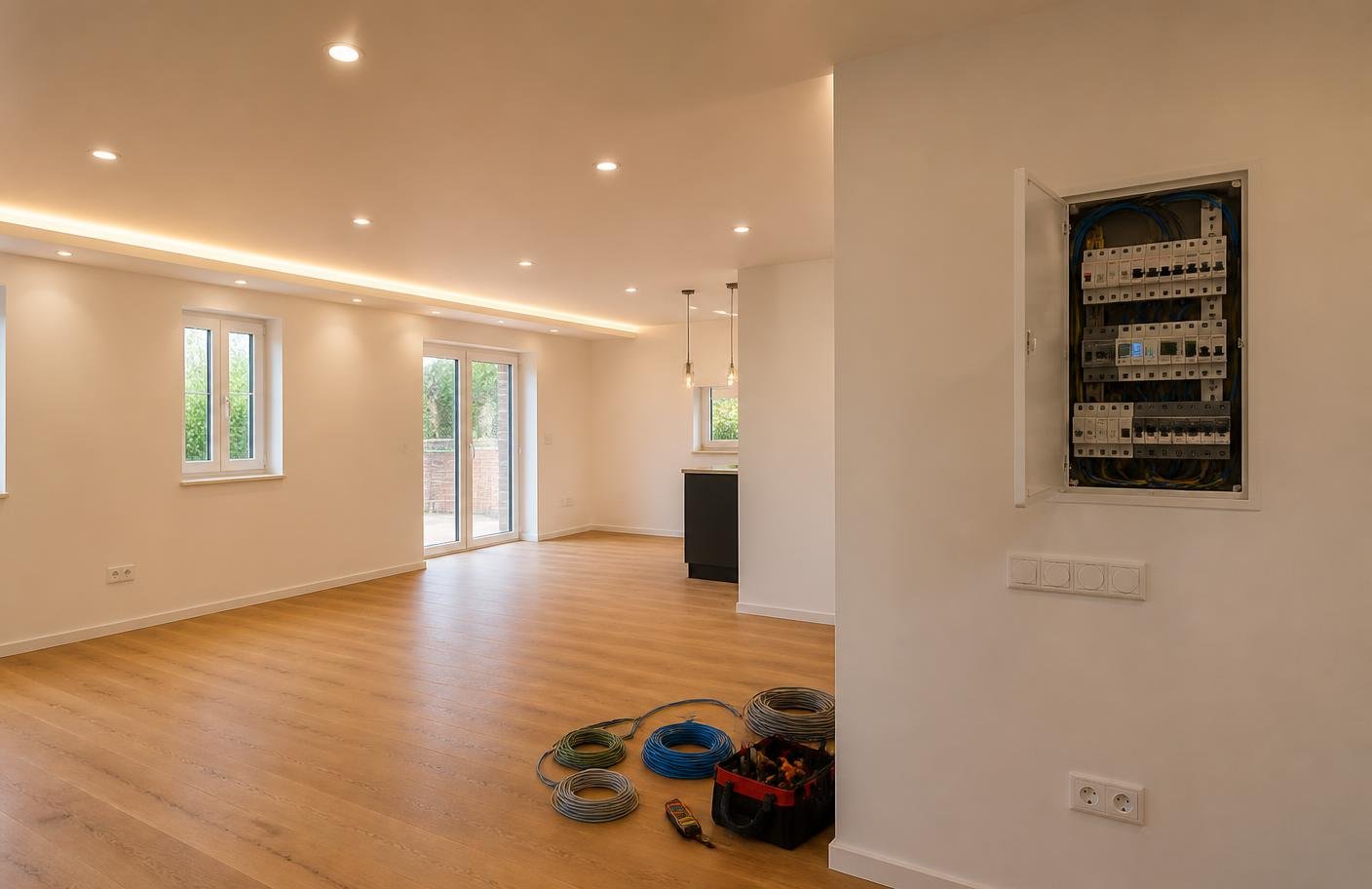 Nuovo impianto elettrico in una casa con faretti LED, luce d'ambiente e quadro elettrico moderno