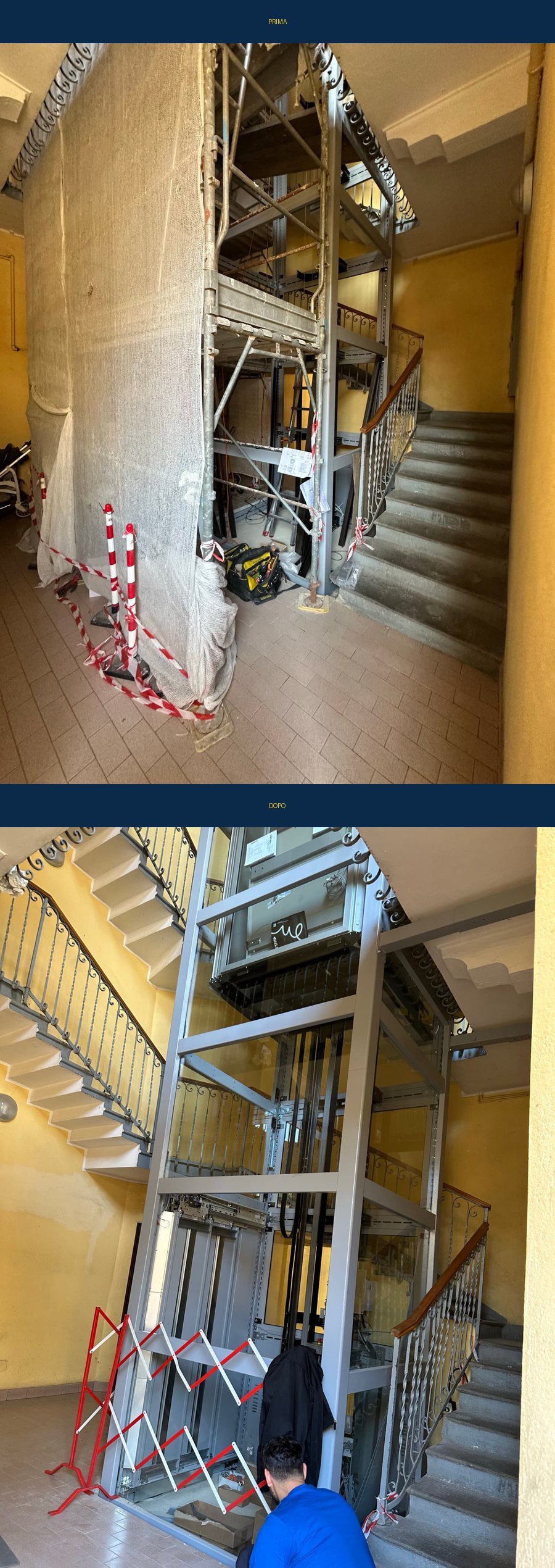 Confronto prima e dopo dell'installazione di una piattaforma elevatrice nel vano scala di un condominio a Monza